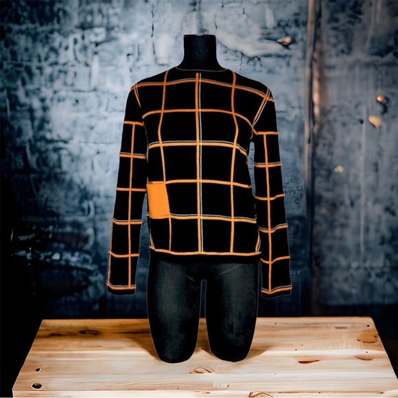 Hermes Womens Tattersall Sweater Wool & Silk EU 40 Pullover Orange Black NWT - Picture 2 of 14